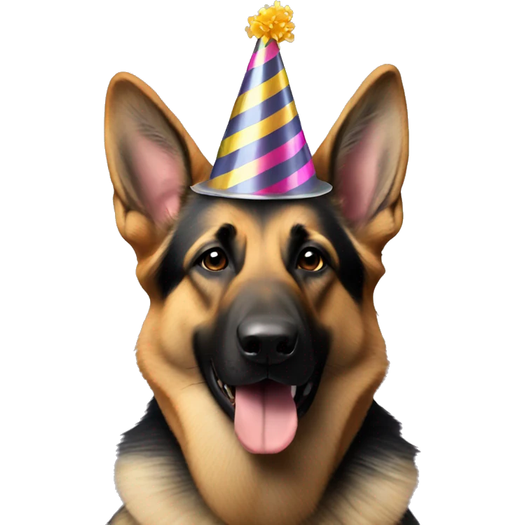 German shepherd wearing a party hat emoji