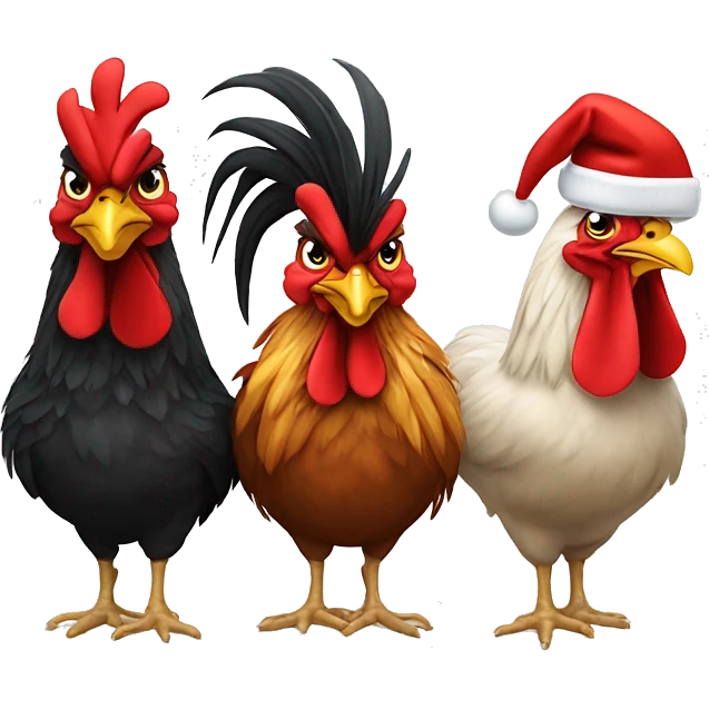 One rooster and two hens wearing Santa hats. emoji