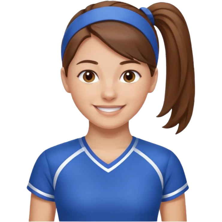brown hair blue cheerleading shirt no bangs with a low pony tail smiling emoji