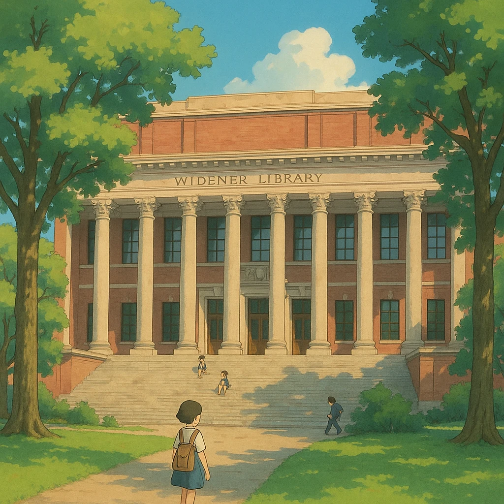 Harvard's iconic Widener Library in Ghibli style emoji