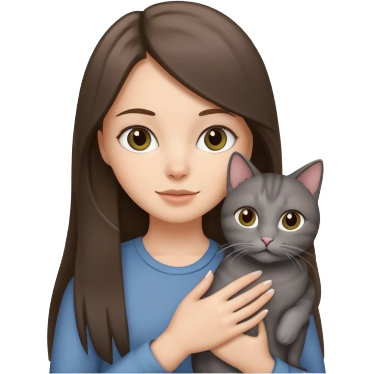 a white girl with brunette long straight hair holding a grey cat. emoji