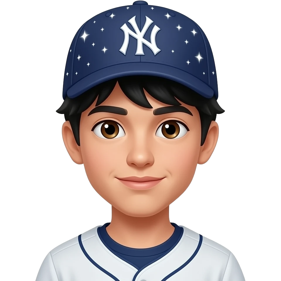 Un joven de aproximadamente 16 años con el pelo negro con una gorra new york con unas chispas emoji