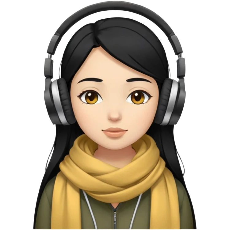 Girl with black hair, wearing a pashmina, has headphones and her eyes close emoji