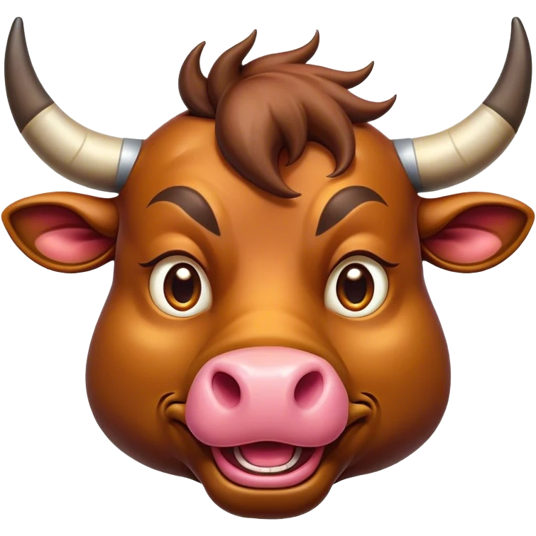 Cinematic Comical Domestic Bull Portrait Emoji, Head tilted dramatically with an exaggeratedly amused expression, featuring a striking, glossy coat with boldly defined horns and wide, expressive eyes brimming with playful disbelief, Simplified yet hilariously expressive features, highly detailed, glowing with a slightly sassy, earthy glow, high shine, dramatic yet playful, stylized with an air of cheeky rural mischief, soft glowing outline, capturing the essence of a spirited and over-the-top domestic bull that looks ready to charge its way into internet fame instantly! emoji