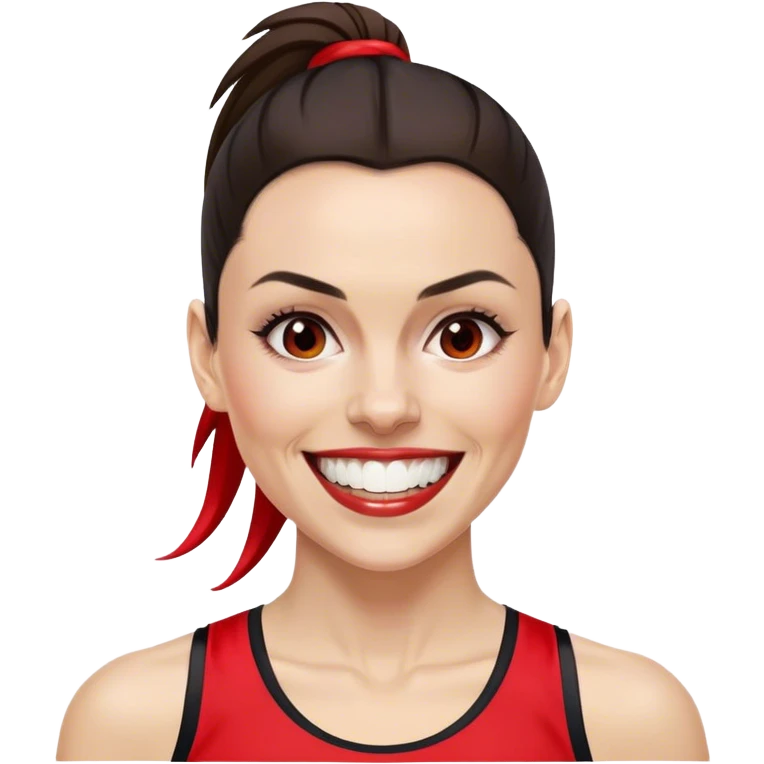 Melanie chisholm with a dark brown high ponytail with a red streak through it, wearing athletic attire and smiling with one gold tooth emoji