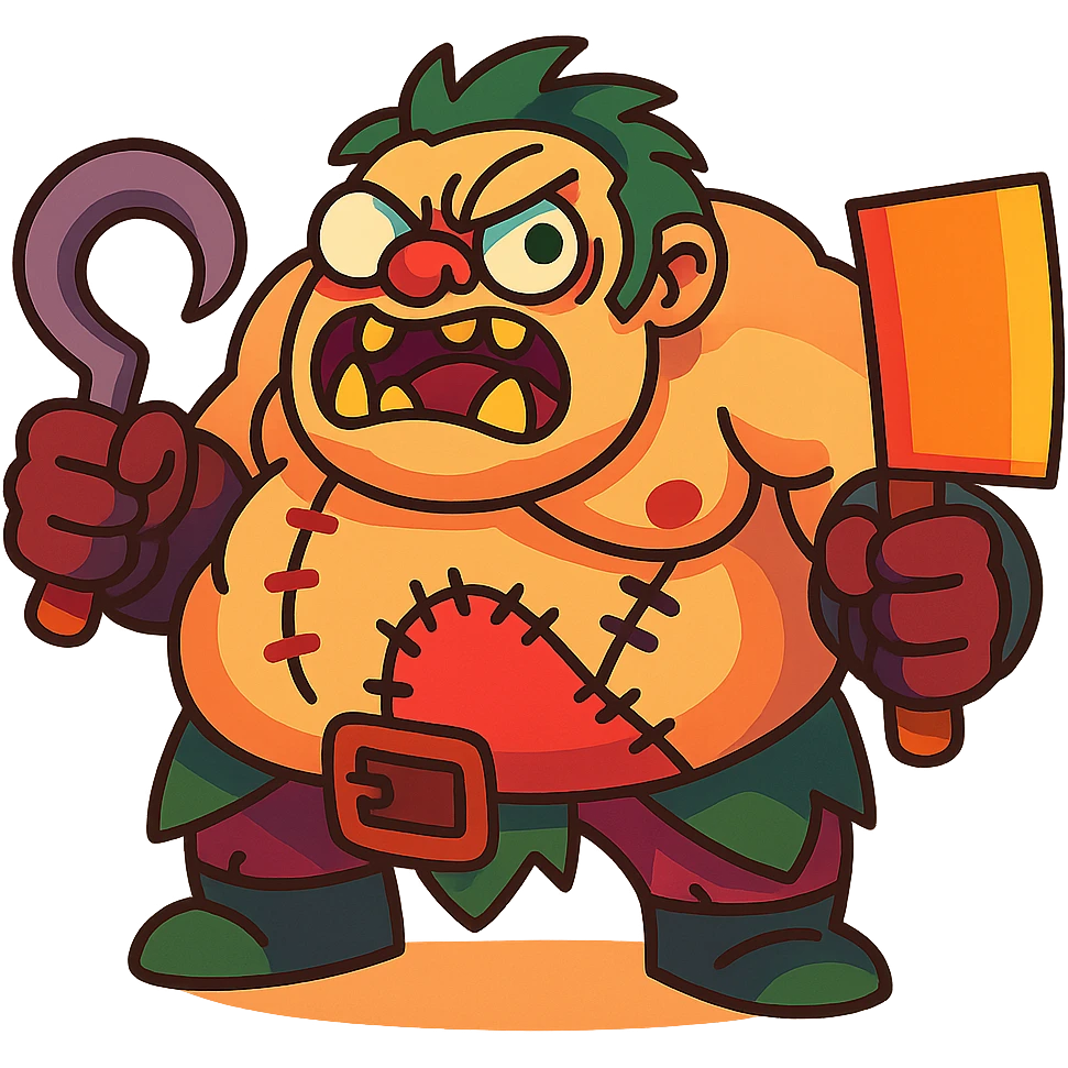 Cartoonish redesign of Pudge from Dota 2, exaggerated features, vibrant colors, playful style emoji