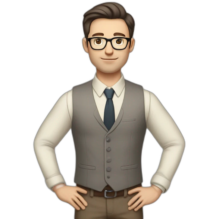 Full height Pale skinned Fit Man With dark brown hair in gray jacket, vest, tie, beige office shirt, Brown pants and vintage glasses. Thrumbs of his palms directed up emoji