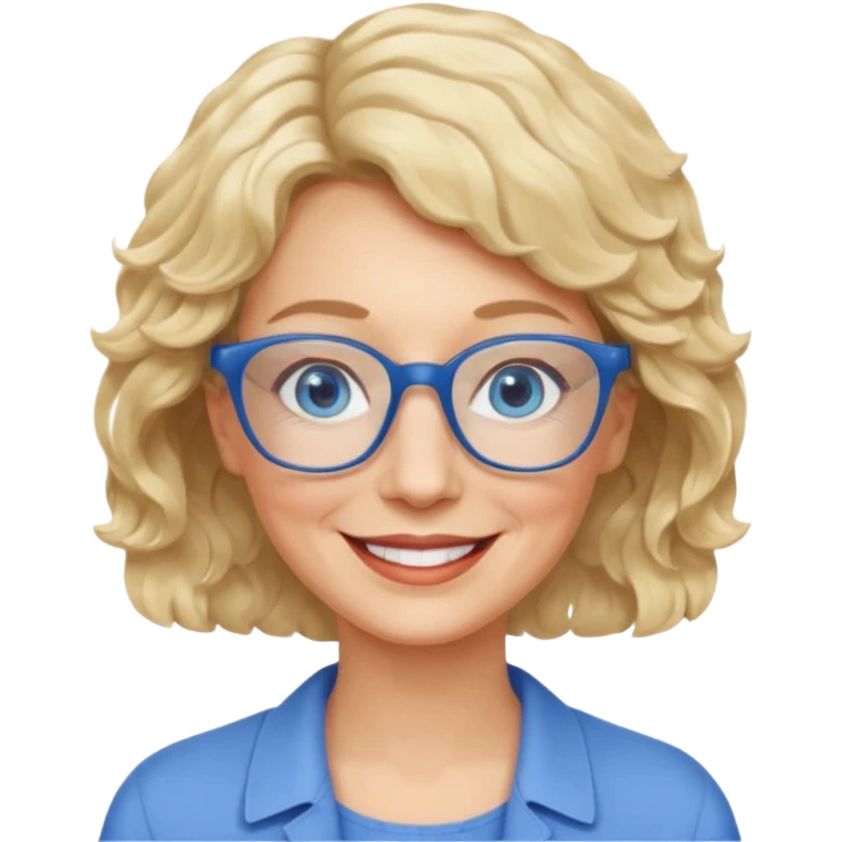 woman 60 very short weavy blonde haire, rectangle glases, blue eyes emoji