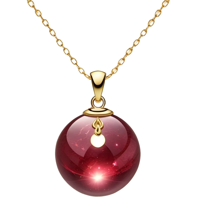 A polished round ball wine granite pendant suspended from a delicate gold chain, like a drop of enchanted starlight, glowing with the warmth of passion and the quiet power of transformation ethereal floating magical moving around... rebirth moving chain emoji