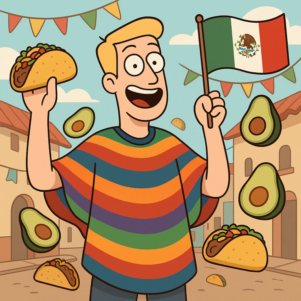 playful cartoon of a tall white American with blonde hair, colorful poncho, smiling, holding taco and avocado, waving Mexico flag, surrounded by tacos and avocados, street party scene emoji