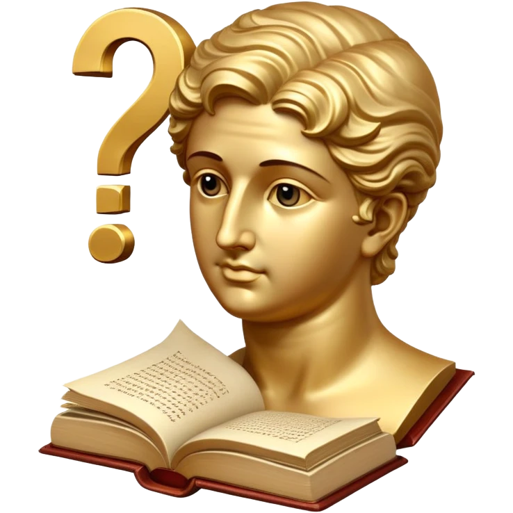 An icon featuring a classical bust, a book, and a question mark, symbolizing philosophy. The design includes a scroll with ancient text, evoking deep thought and intellectual inquiry. Transparent background highlights the search for knowledge and meaning emoji