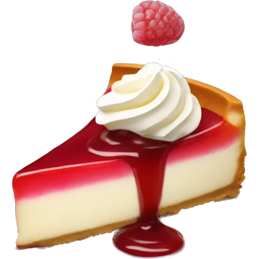 Slice of cheesecake topped with raspberries and sauce emoji