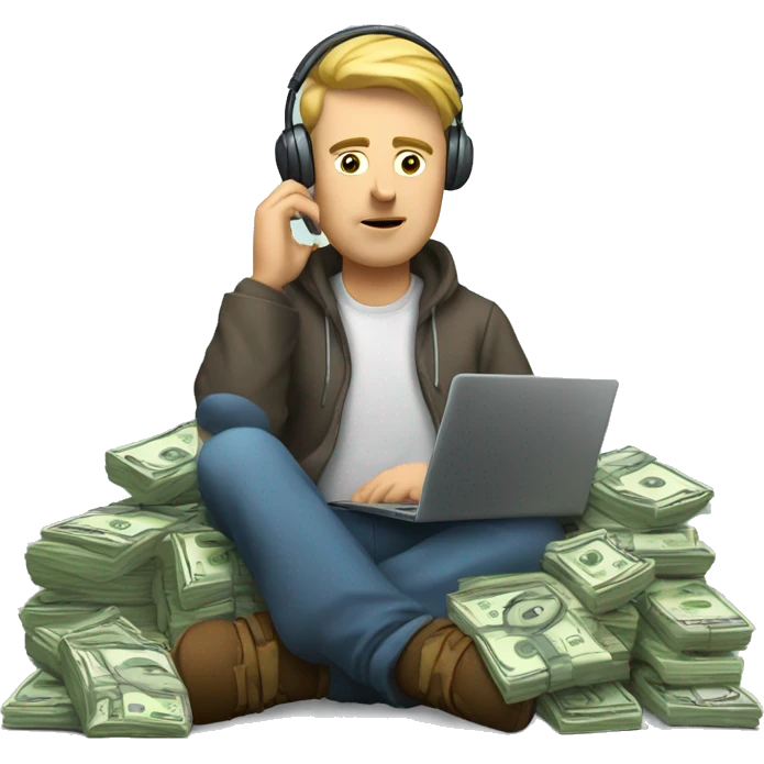 a white man, tired, is sitting at a laptop and talking on the phone, there is a bundle of money next to him, headphones on his head

 emoji