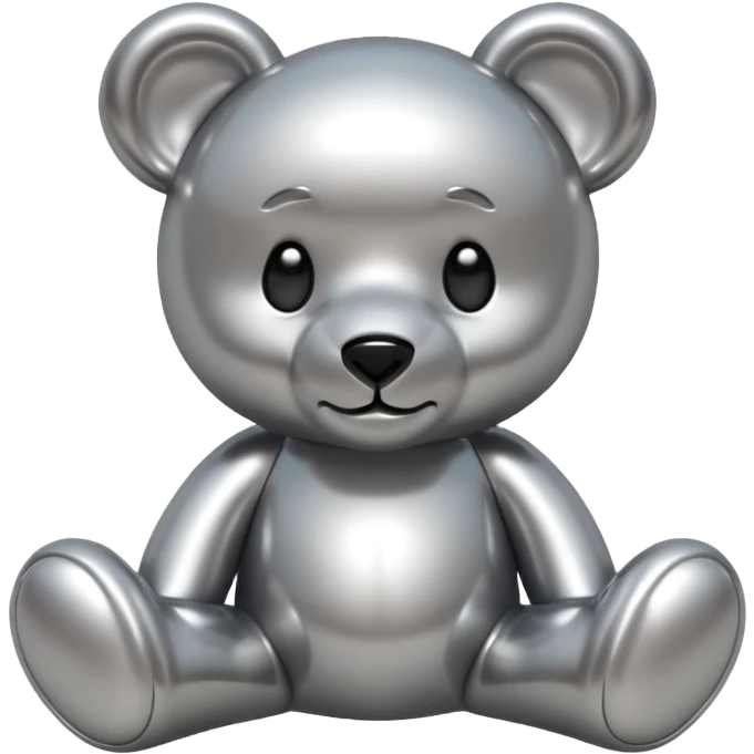 A cute teddy bear emoji made of liquid silver chrome, smooth rounded body, glossy metallic surface, soft reflections, friendly proportions, iOS emoji style, centered, clean white background emoji