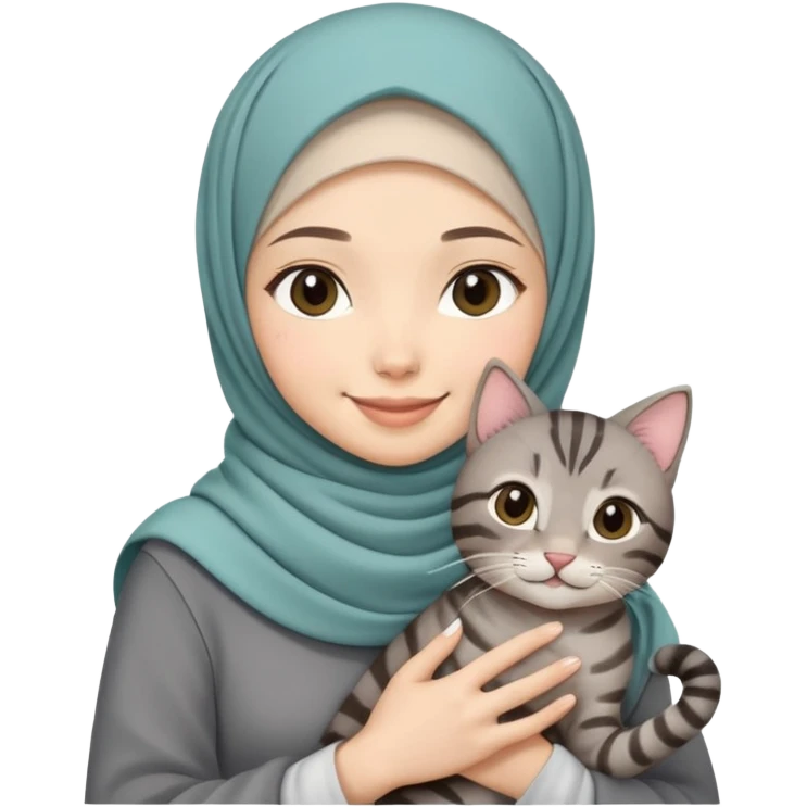 Asian White girl wearing cute hijab holding a black grey tabby cat while smiling.  emoji