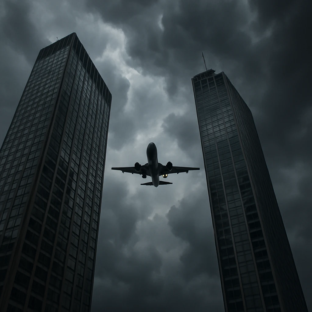 two skyscrapers and a plane that flyes to them, realism style, stormy weather emoji