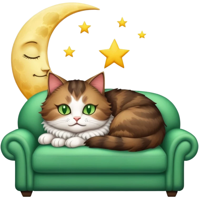 tricolor fluffy cat with big green eyes sleeping on a sofa with a moon above her emoji