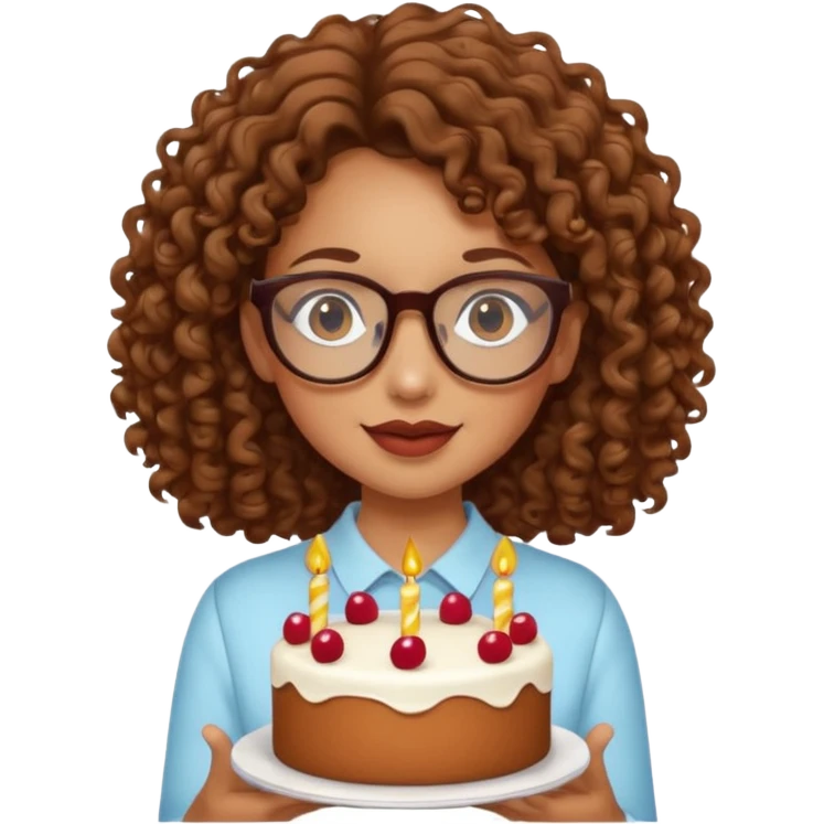 Tanned girl with brown curly hair wearing glasses with a cake  emoji