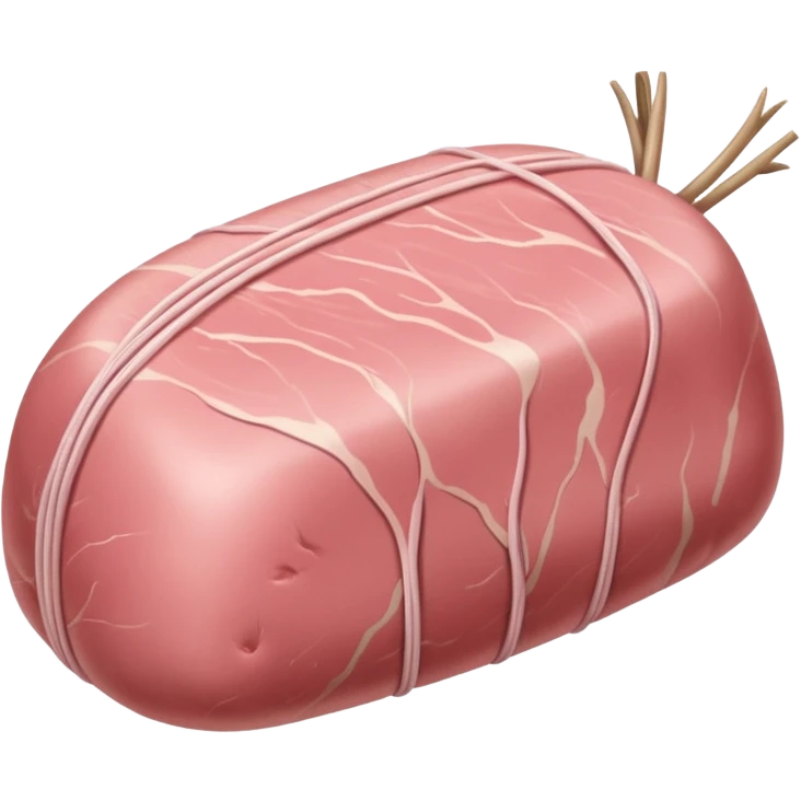 whole raw veal roast, smooth rounded shape, pale pink flesh, tender slightly moist surface, fine muscle grain, minimal marbling, tied with white butcher's twine, optionally covered with thin fat layer or barded, no tray, no herbs, no extras, soft lighting, subtle shadows, emoji scale emoji