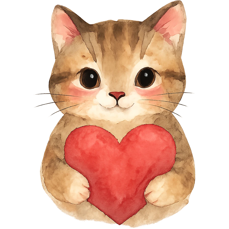 watercolor style cat with a heart emoji