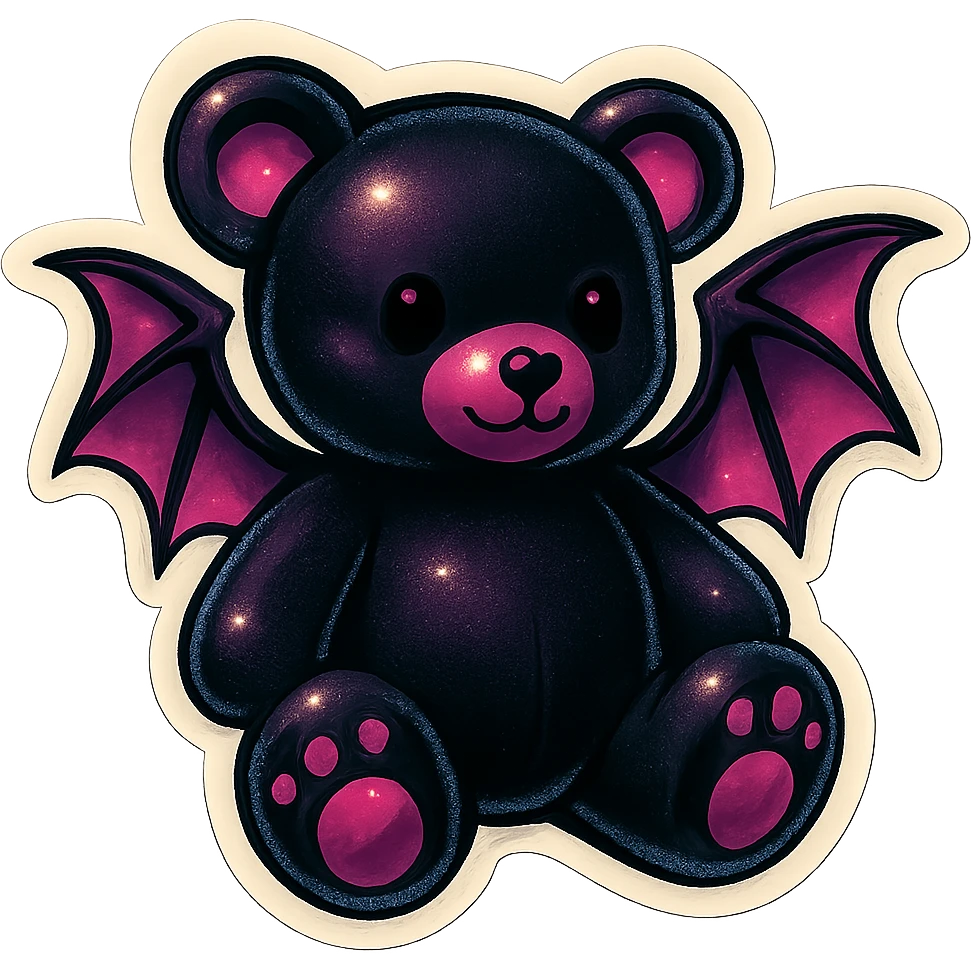 gothic teddy bear with black and pink color scheme, bear with bat wings, retro stickers style emoji