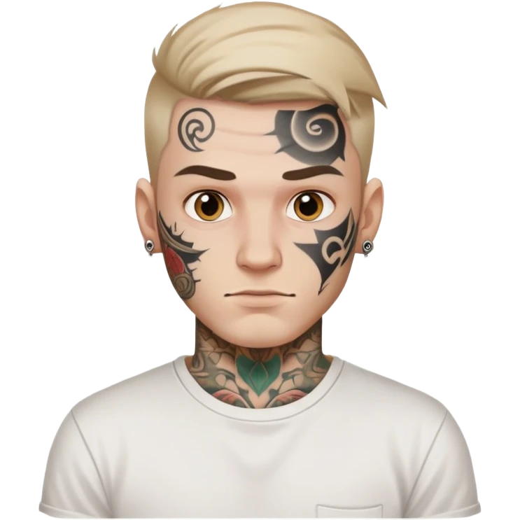white man with face tattoo, neutral expression, wearing a white t-shirt emoji