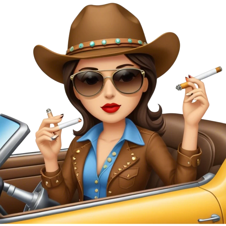Brunette Cowgirl wearing sunglasses, smoking a cigarette and driving emoji