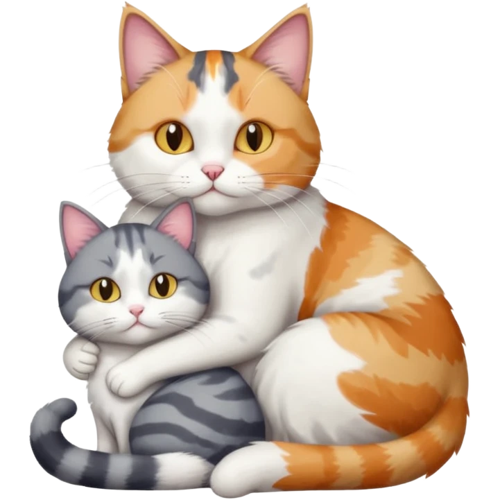 full body colourful light patched calico + white tabby cat cuddling a big grey and white cat  emoji