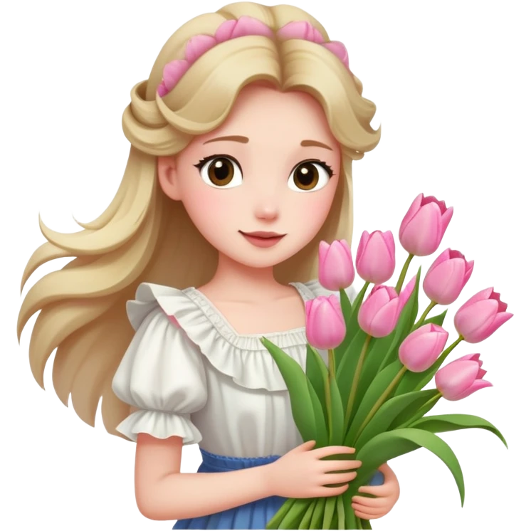  A girl with a half-up half-down hairstyle, and a white ruffled top, enjoying the spring breeze.Holding a bundle of pink tulips emoji