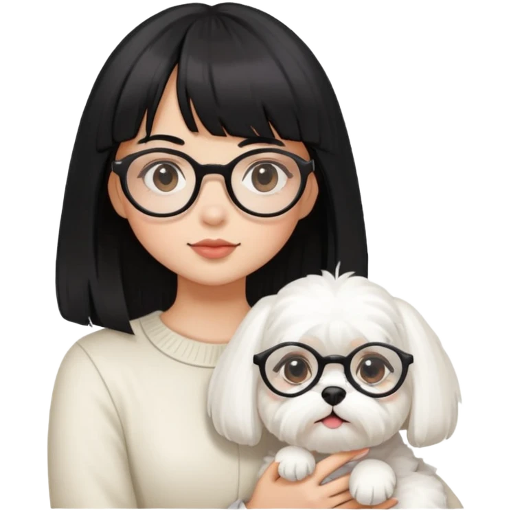 Una ragazza con i capelli neri cori con frangetta e occhiali rotondi e in braccio un maltese bianco  emoji