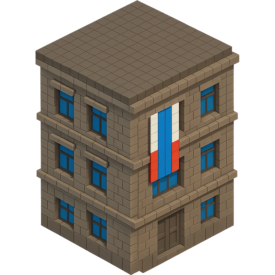old Saint Petersburg building in voxel style, gray-brown tones, Russian flag hanging vertically in a window, isometric view emoji