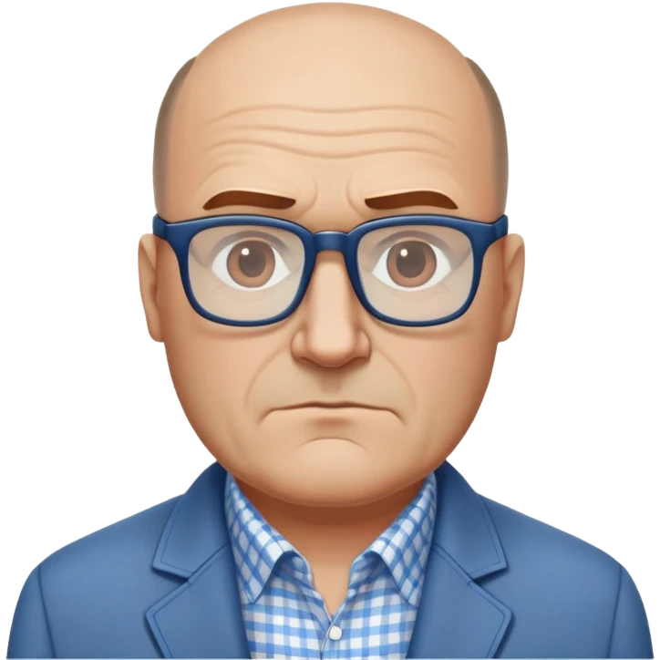 50-year-old heavyset man with wide face and prominent square jawline. Hair only on top of head with completely bald sides (horseshoe pattern baldness). Large dark square glasses. Serious-relaxed expression. Light gray jacket that fits his larger frame, white shirt with blue checkered pattern. emoji