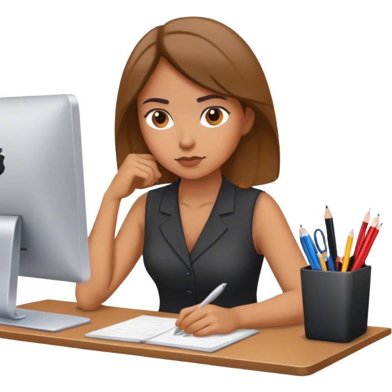serious woman sitting at a desk, working hard emoji