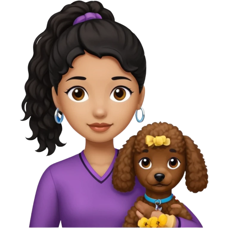 Ponytail black hair girl with brown Poodle say goodbye  emoji