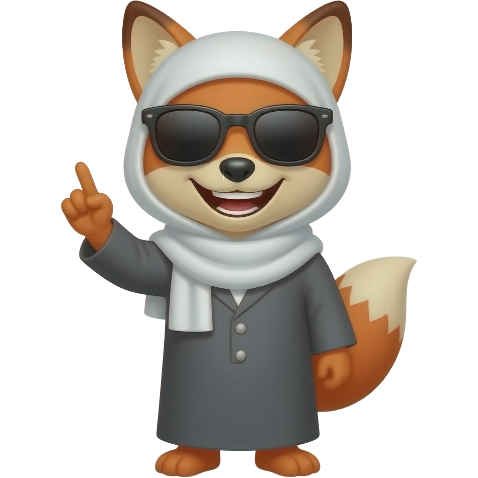 Fox with black sunglases and smiley face with teeth , Muslim clothes and pouting his finger up emoji