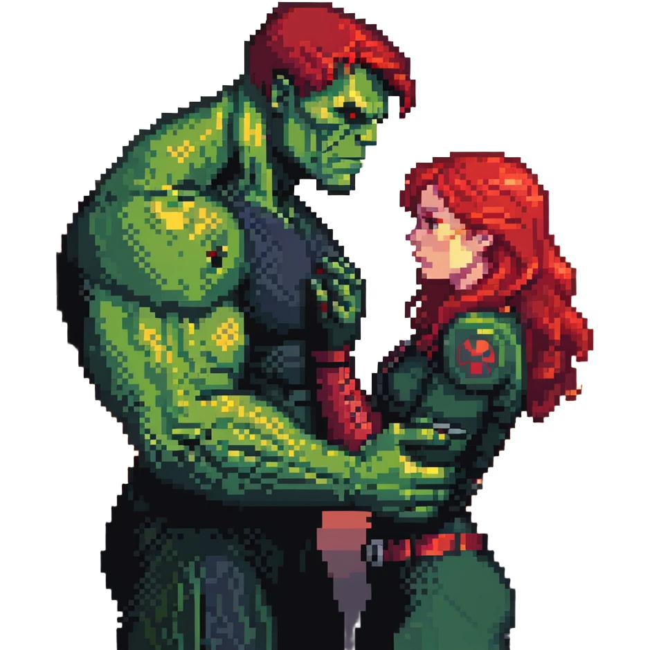 Hulk and Black Widow lullaby scene, Black Widow with red hair calming down the green Hulk, sun's getting real low gesture, Hulk transforming back emoji