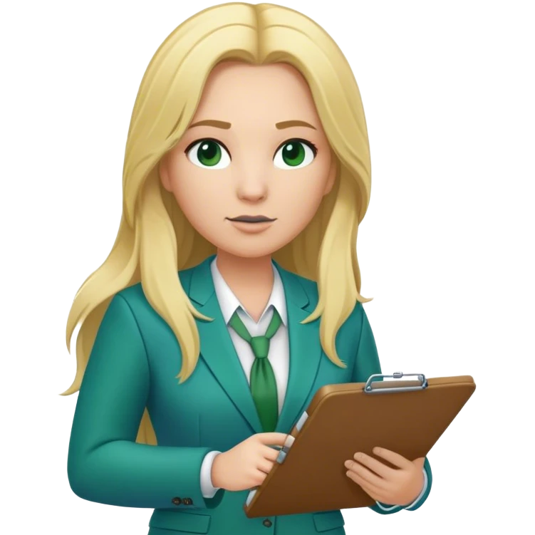 Full Body white plus size female basketball head coach using a clipboard with long blonde hair in a blue and green suit emoji