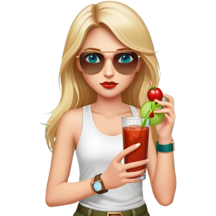 girl with long blond hair
with blue eyes
and aviator sunglasses
wearing white tank top 
holding bloody mary
wearing (rose gold apple watch with forest green band) emoji