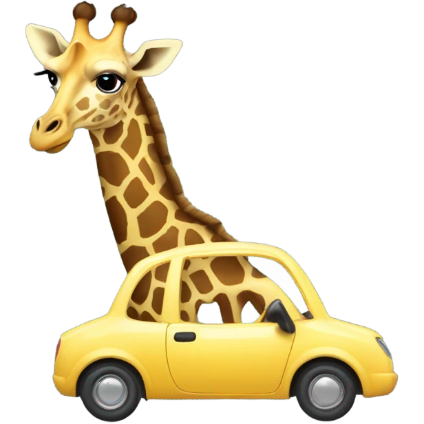 A giraffe wearing a bowtie, trying to fit into a tiny car emoji
