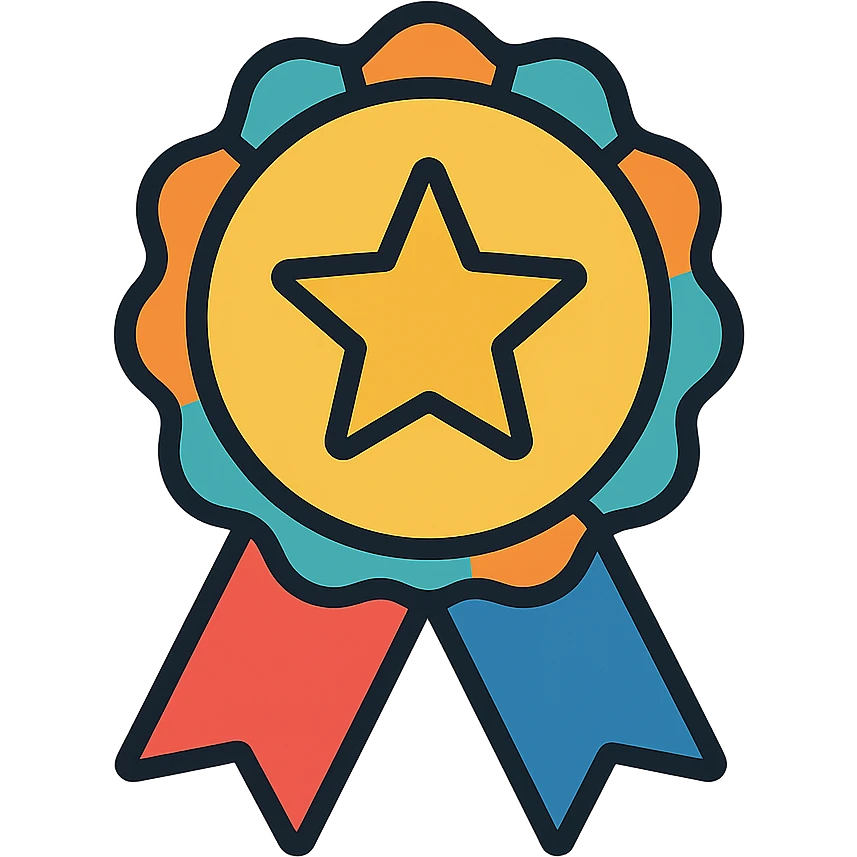 vector icon of a gold performance badge symbol with multicolor details, elegant minimalist flat design, award badge style, 2D flat vector, trending icon look, soft shadows, no text, commercial use, isolated on white background emoji