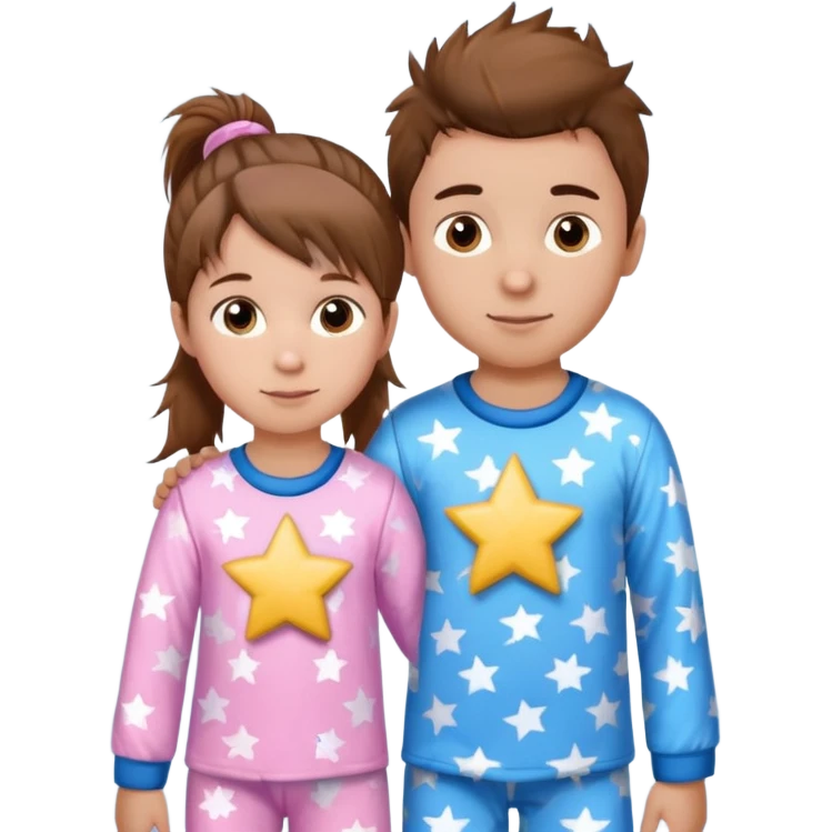 4 year old brown spikey haired boy with blue pajamas with stars on them and a 1 year old brown haired pony tail girl with pink pajamas, and stars on them with light skin emoji