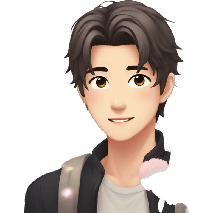 Gorgeous bright sparkly romantic Asian anime style guy with blushing face and flowers aesthetic trending style outside emoji