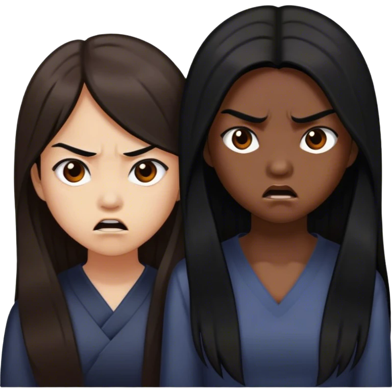 two asian girls angry with long brown hair and long black hair emoji
