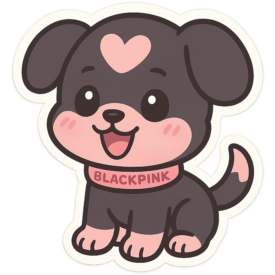 BLACKPINK-inspired chibi sticker, black and pink puppy, cheerful and sweet emoji