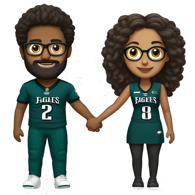 Brown guy with beard mustache and brown girl with glasses and her hair in a bun in Philadelphia eagles clothes holding hands emoji