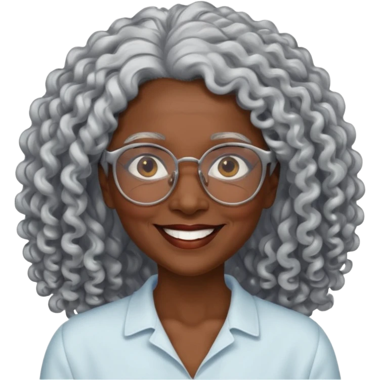 smiling dark older black woman wearing glasses with lots of long curly silver hair a emoji