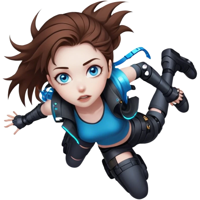Neon cyberpunk style 
girl with brown hair and blue eyes 
falls emoji
