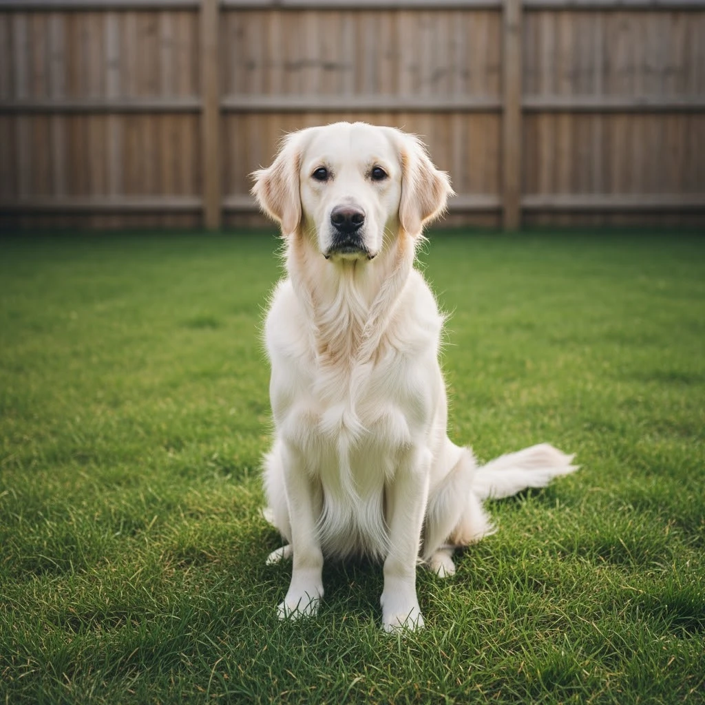 adult english cream golden retriever sitting on grass, facing camera, fence in the background emoji