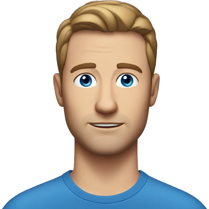 A head and shoulders shot of a 35 year old white man, with short brown hair,   with blue eyes wearing a t-shirt. emoji