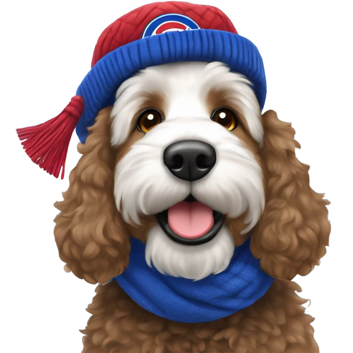 Bernedoodle with chicago cubs hat and scarf emoji